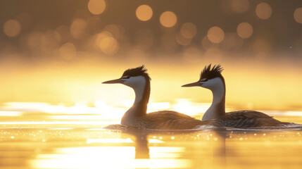 Crested grebes parallel swimming on a lake