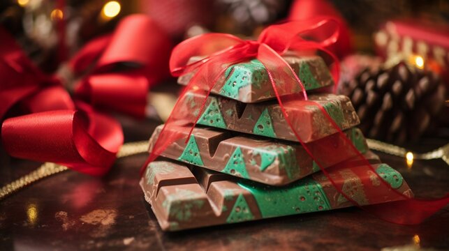 A close-up shot of a festive Toblerone Christmas Tobelroneadorned with red and green packagingevoking a sense of holiday joy and celebration.