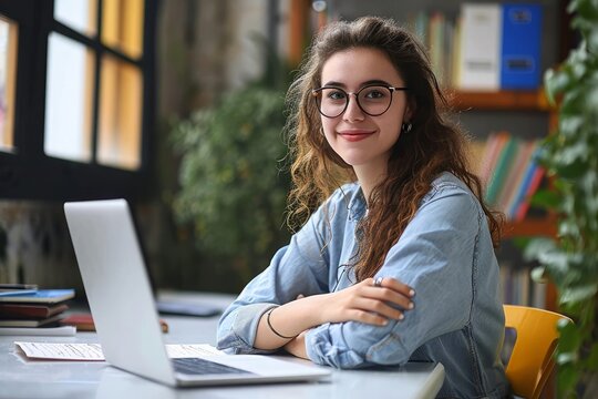 Young happy woman school professional online teacher or tutor sitting at desk with laptop computer, virtual distance classes for students, teaching remote education webinars concept, Generative AI 