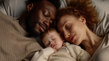 Young Interracial Family in Quiet Slumber Bonding Moment