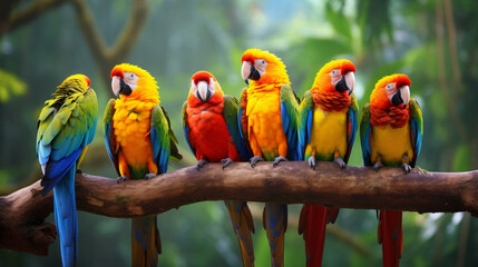 A flock of colorful parrots perched on a branch