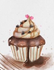 Cupcake with hearts and cream chocolate made in watercolor style 