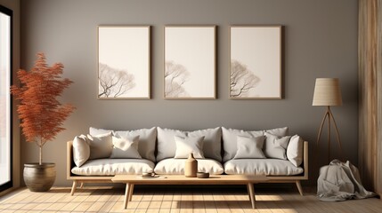 A minimalist living room with a large sofa, coffee table, and three paintings on the wall