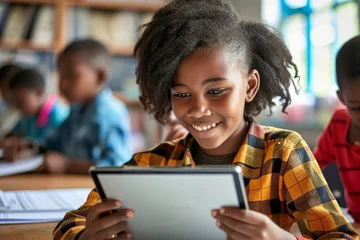 Foto op Plexiglas Happy African teen school girl holding device using digital tablet computer at class in classroom. Smiling black junior school student learning online, Generative AI  © FrameFlow