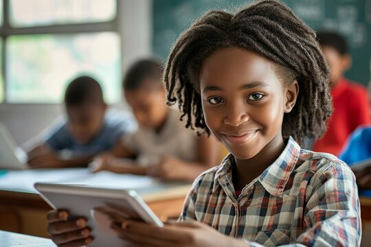 Happy African teen school girl holding device using digital tablet computer at class in classroom. Smiling black junior school student learning online, Generative AI 