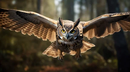 Rolgordijnen A great horned owl in flight. The owl is flying © Affia