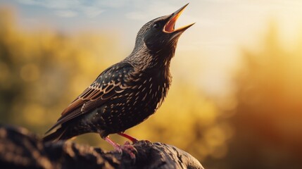 A Common Starling in mid-song, its beak open wide, belting out a melodious tune, its throat feathers puffed up with the effort.