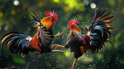 Two roosters are fighting each other