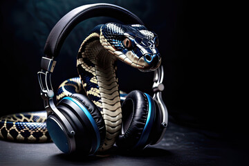 Cobra, snake wearing headphones isolated on black background. Listen to music. Cover for design of music releases, albums and advertising. Music lover background. DJ concept.