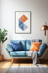 Blue and Orange Geometric Art Print in Living Room