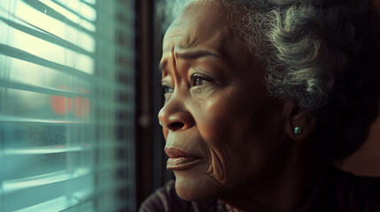 Senior woman gazing through the window with a distant and melancholic expression