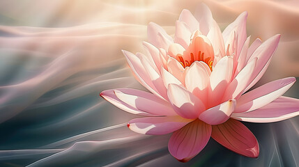 Beautiful pink water lily or lotus. Radiant flower with rays of light. Enlightenment and universe. Magic spa and relaxation atmosphere. Concept of religion, kundalini and meditation