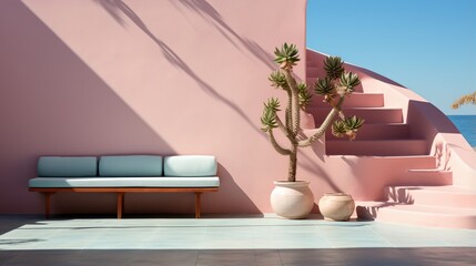 Minimalist pink architectural space with blue sofa and green potted plant