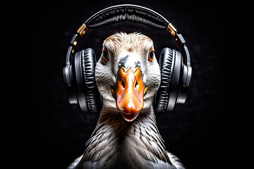 Goose wearing headphones isolated on black background. Listen to music. Cover for design of music releases, albums and advertising. Music lover background. DJ concept.