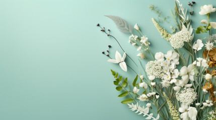 Elegant white and green floral arrangement with diverse textures against a soft pastel blue background. - obrazy, fototapety, plakaty