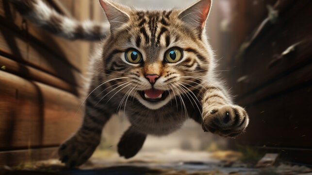 A 3D-rendered image captures a mischievous tabby cat in mid-pounce, its whiskers and fur dynamic in motion. The cat's playful energy and focused expression make for a lively and engaging visual.