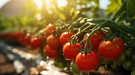 Fotobehang Close-up of ripe tomatoes growing in a greenhouse © duyina1990