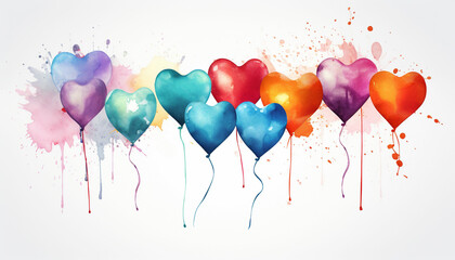 Develop heart shaped balloons with a watercolor splash effect, creating a dynamic and artistic look. Use a variety of colors to evoke a sense of creativity and playfulness. - obrazy, fototapety, plakaty