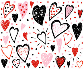 Hand drawn vector doodle heart shapes, outlines and dots in red, pink and black color, cute abstract painted hearts composition - 704411348