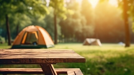 Travel and camping adventure lifestyle with outdoor tent and wood table - obrazy, fototapety, plakaty