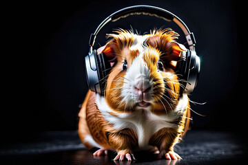 Guinea pig wearing headphones isolated on black background. Listen to music. Cover for design of...