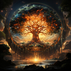 A lake against the backdrop of a large Tree of Life in the element of fire in a parallel world