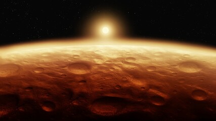 Cosmic landscape. Surface of Mars, satellite view. Sunrise over the red planet, alien panorama with craters.