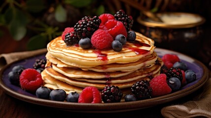 Appetizing pancakes with jam and fresh berries