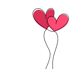 Two pink air balloon hearts continuous wavy line art drawing on white background.
