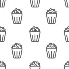 Seamless pattern Popcorn line icon. Popcorn, bucket, box.  Vector illustration isolated on white background. Food, snack. Line style for background, menu, invitation.