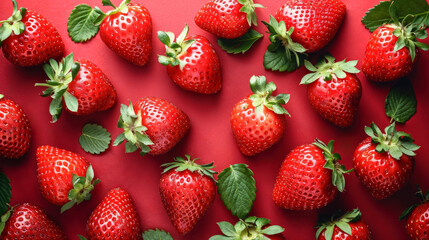Fresh, ripe strawberries artistically arranged on a vibrant red backdrop, with their green stems and leaves creating a natural contrast - obrazy, fototapety, plakaty