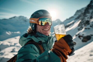 Fototapeta na wymiar A rugged mountaineer braves the wintry terrain, donning ski goggles and holding a frothy glass of beer, as he leads a group of adventurous hikers through the majestic snow-covered mountains