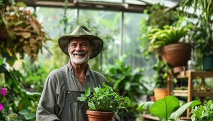 Obraz premium A cheerful man proudly displays his thriving houseplant in a flowerpot, his smile as bright as the blooming herb nestled in his hat