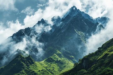 Obraz premium Layers of misty clouds dance above the rugged peaks of the alpine massif, creating a breathtaking landscape of untamed beauty and serenity
