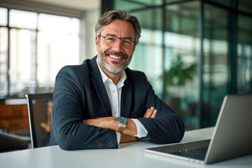 Smiling mature business man of middle age, confident entrepreneur or bank manager, 50 years old executive, mid aged businessman investor trader, male lawyer sitting at work desk, Generative AI  - obrazy, fototapety, plakaty