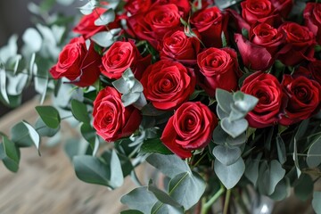 A vibrant bouquet of freshly cut red roses, carefully arranged with delicate petals and lush green leaves, brings the beauty of a garden indoors