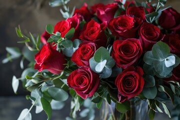 A vibrant bouquet of red roses, carefully arranged with lush green leaves and delicate petals, captures the beauty of nature in a stunning display of floristry