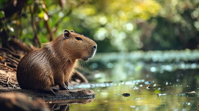A capybara sits on the shore of a lake against a forest. Created with Generative Ai technology.