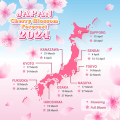 Obraz premium Japan Cherry Blossom Forecast 2024 vector illustration. Map of Japan with Sakura flowers