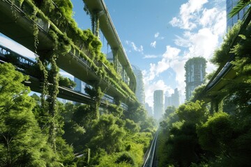 Naklejka premium A tranquil oasis of green life thrives on a bridge, connecting the beauty of nature to the journey of travel