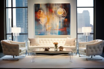A minimalistic living room with sleek white furniture and a striking painting adorning the wall, exuding an air of sophistication and modern elegance