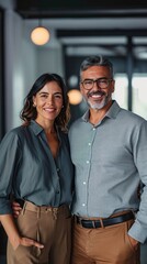 Smiling Latin mid aged business man and woman in office, vertical portrait. Two happy confident professional mature corporate executive leaders company managers standing in office, Generative AI 