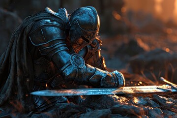 A fierce warrior clad in armor wields his flaming sword in an epic battle against the forces of evil in a thrilling action-adventure game set in the great outdoors
