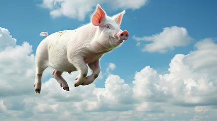 Fotobehang Under the blue sky and white clouds, a pig floats in the air © ding