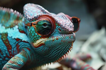 Fototapeta premium A stylish iguana dons sunglasses, exuding cool confidence as it basks in the outdoor sunlight like a scaled reptilian rockstar