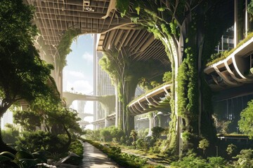 Nature thrives amidst urbanity as a verdant path winds through towering buildings, connecting a lush garden to the endless sky above