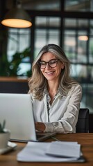 Happy mature business woman corporate leader, company team executive, hr manager having hybrid conference call meeting or remote online job interview on laptop computer working, Generative AI