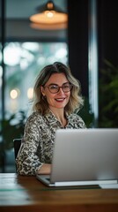 Happy mature business woman corporate leader, company team executive, hr manager having hybrid conference call meeting or remote online job interview on laptop computer working, Generative AI