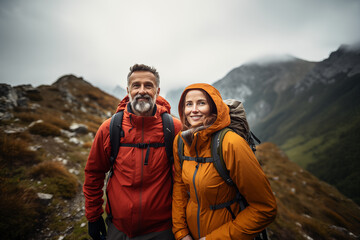 Obraz na płótnie Canvas Adult couple at outdoors with mountaineer backpack