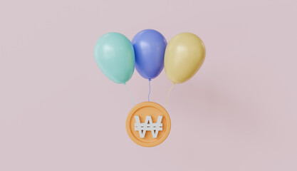 Balloon flying with coin Won economy on pastel color background